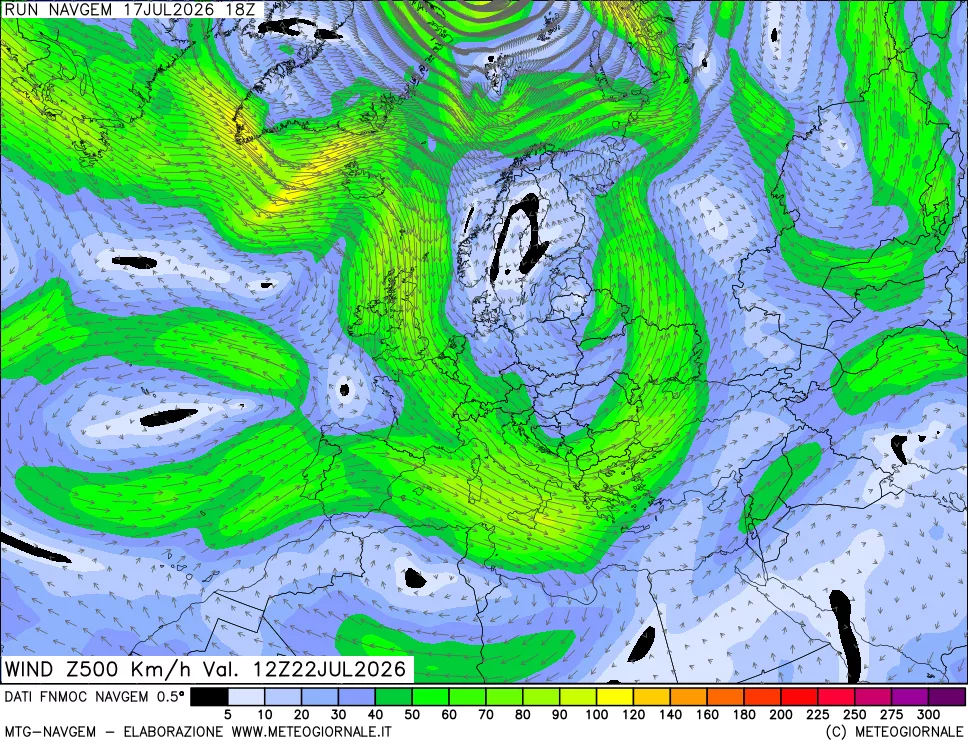 mappa Direzione e forza del vento a 500hPa