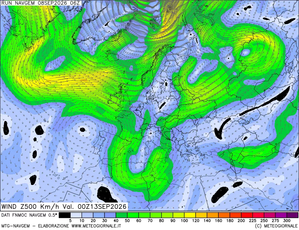 mappa Direzione e forza del vento a 500hPa