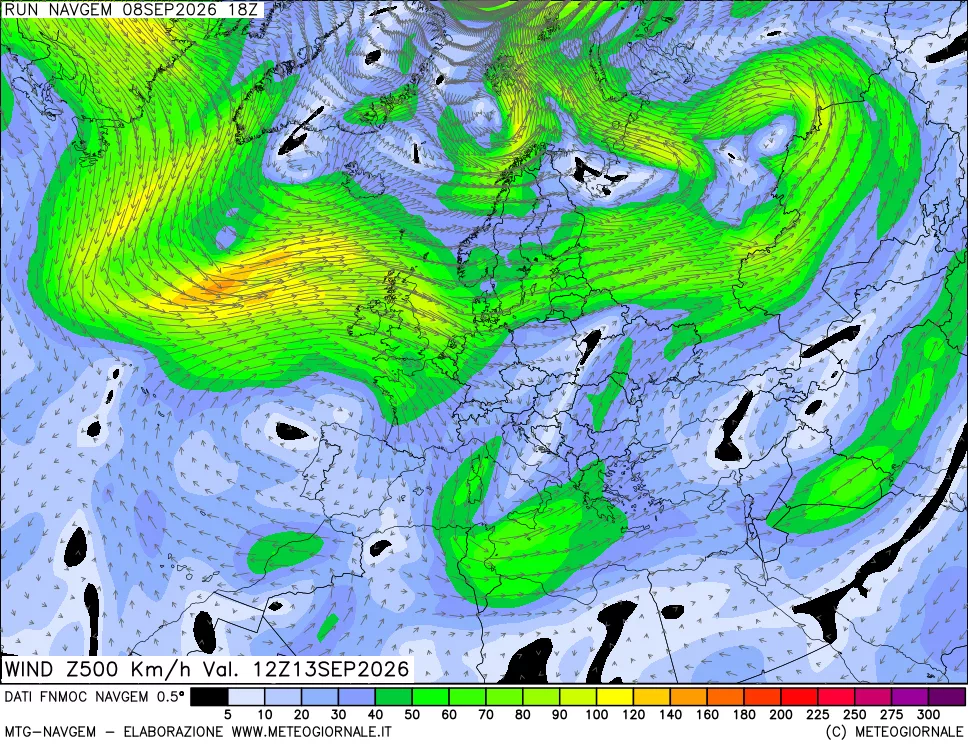 mappa Direzione e forza del vento a 500hPa