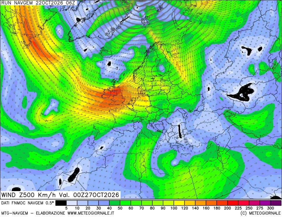 mappa Direzione e forza del vento a 500hPa