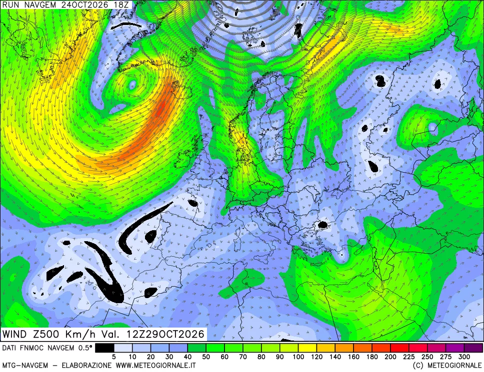 mappa Direzione e forza del vento a 500hPa