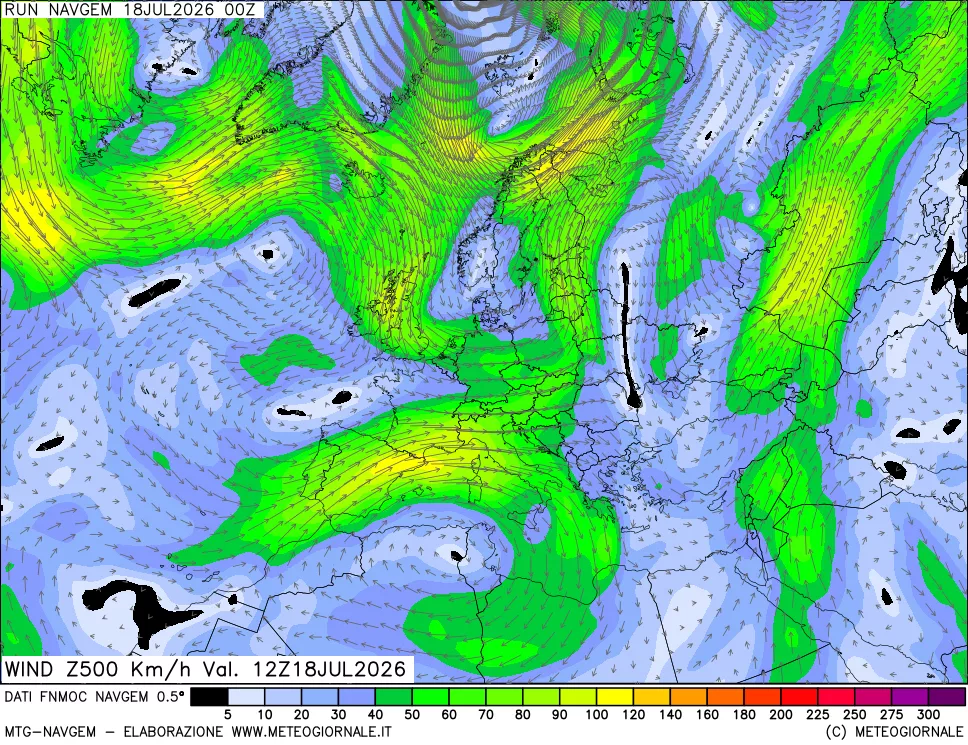 mappa Direzione e forza del vento a 500hPa