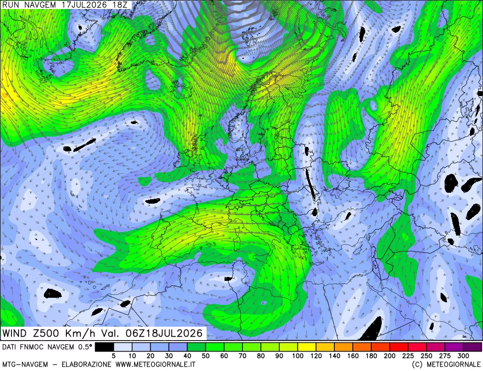 mappa Direzione e forza del vento a 500hPa