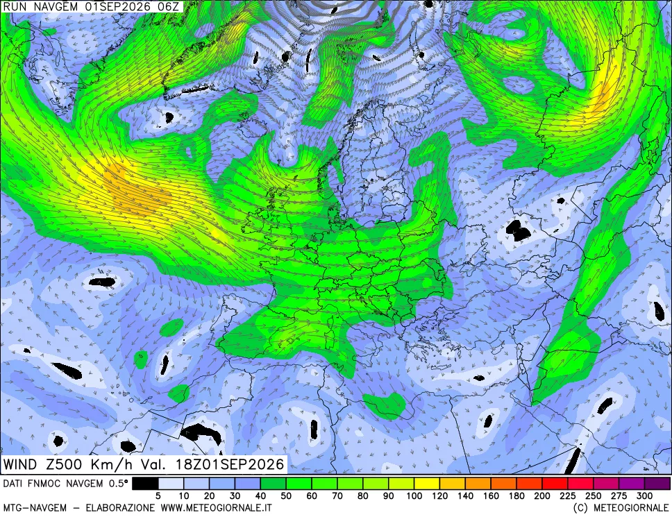 mappa Direzione e forza del vento a 500hPa