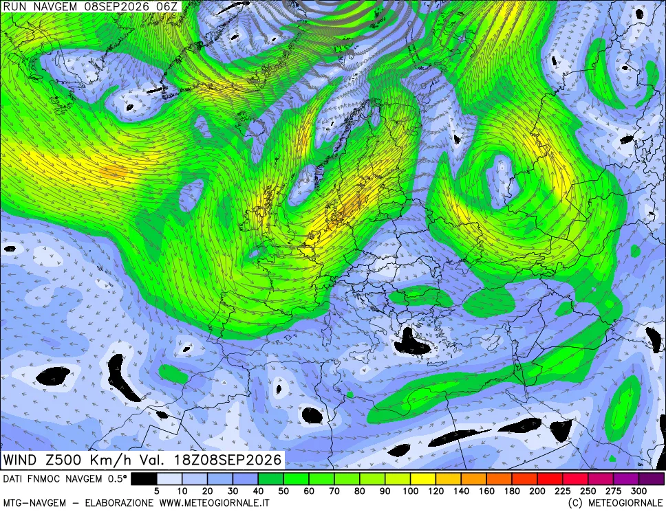 mappa Direzione e forza del vento a 500hPa