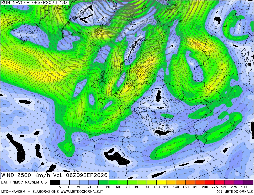 mappa Direzione e forza del vento a 500hPa
