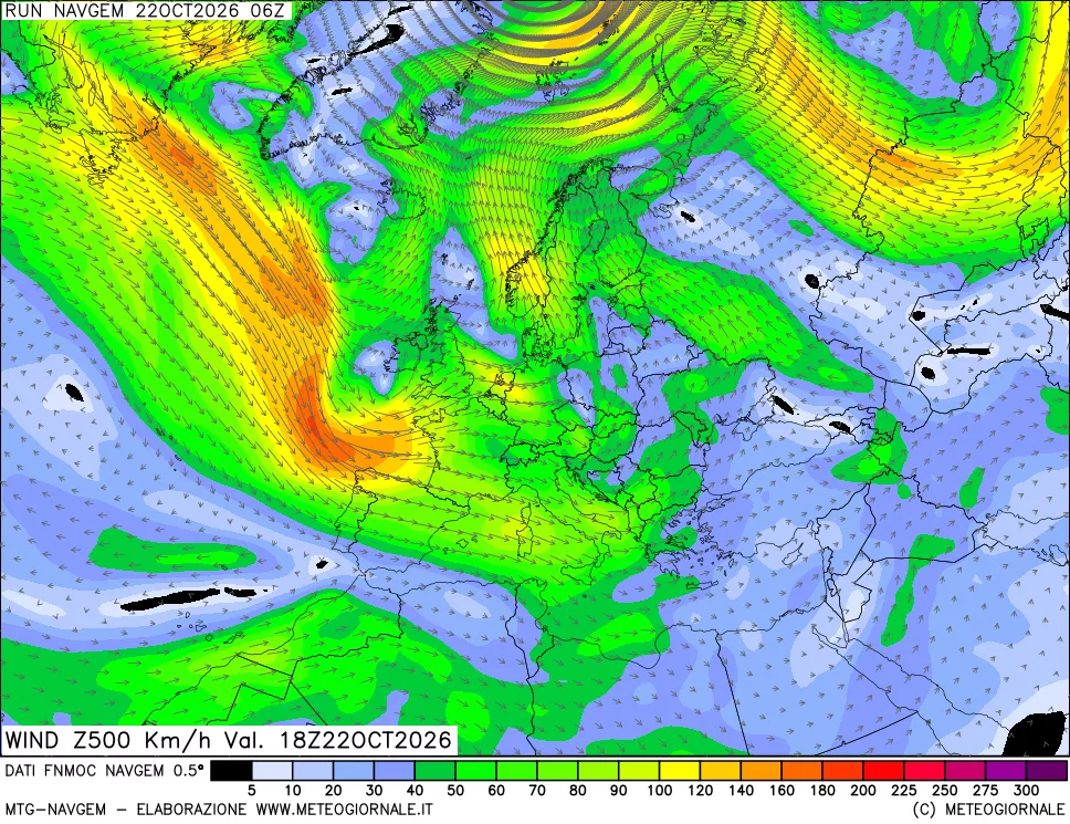 mappa Direzione e forza del vento a 500hPa