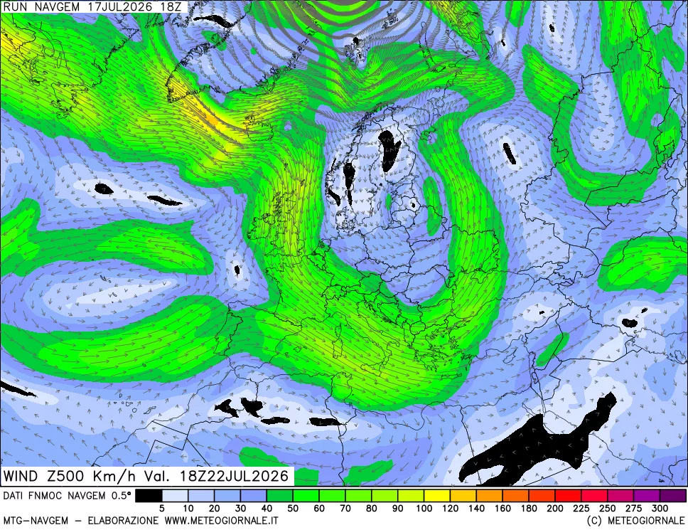 mappa Direzione e forza del vento a 500hPa