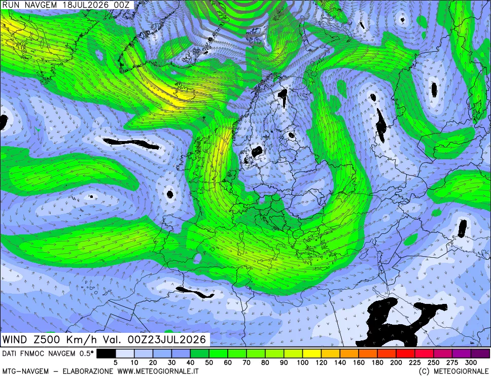mappa Direzione e forza del vento a 500hPa