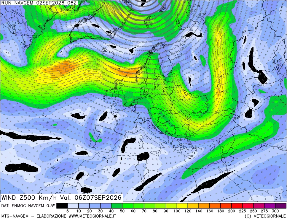 mappa Direzione e forza del vento a 500hPa