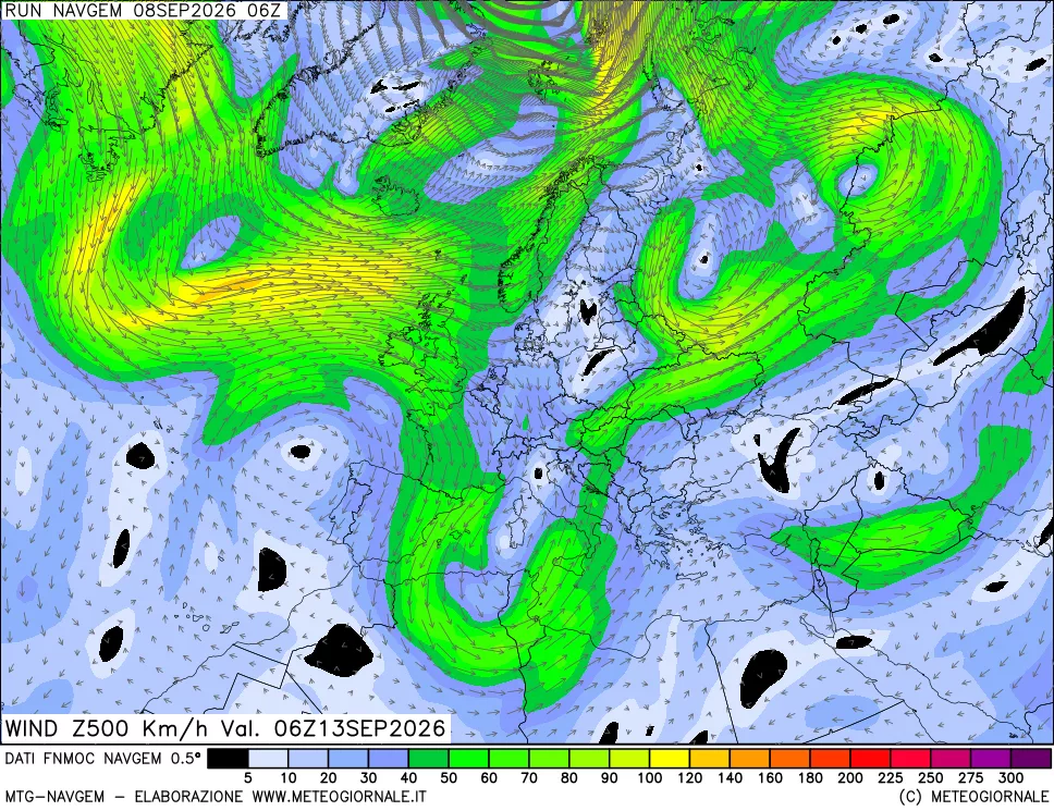 mappa Direzione e forza del vento a 500hPa