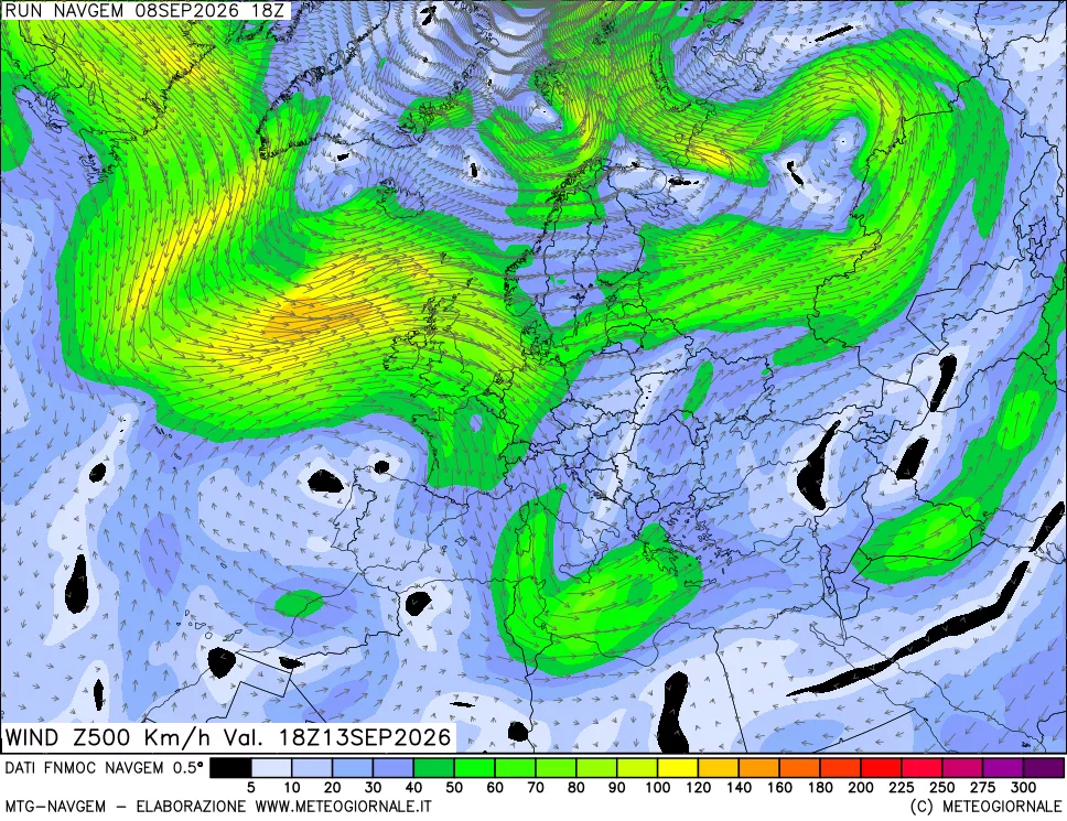 mappa Direzione e forza del vento a 500hPa
