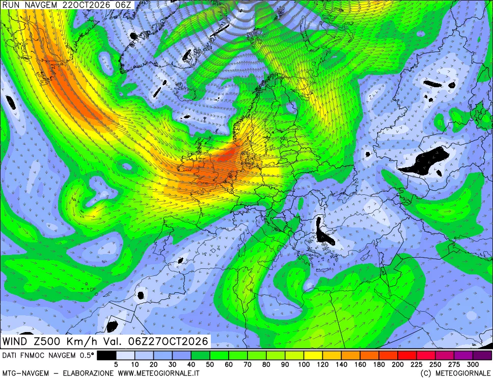 mappa Direzione e forza del vento a 500hPa