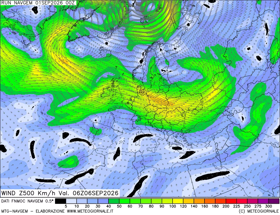 mappa Direzione e forza del vento a 500hPa