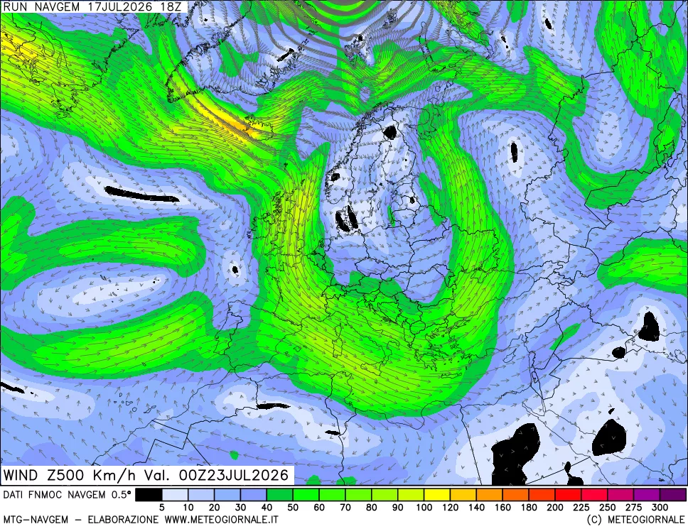 mappa Direzione e forza del vento a 500hPa