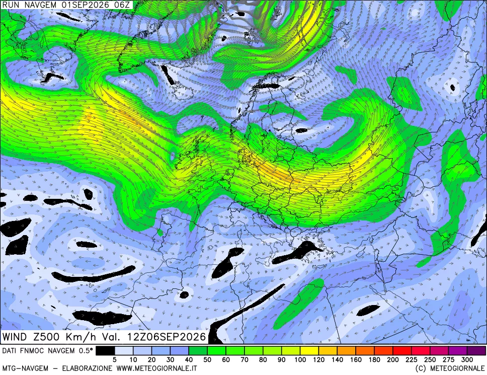 mappa Direzione e forza del vento a 500hPa