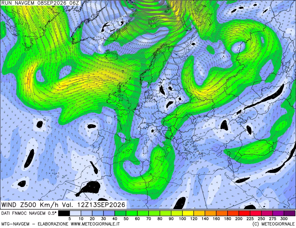 mappa Direzione e forza del vento a 500hPa