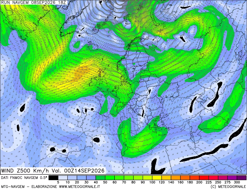 mappa Direzione e forza del vento a 500hPa