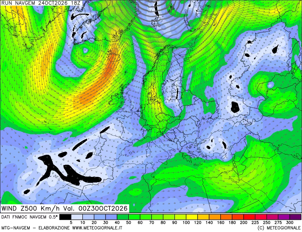 mappa Direzione e forza del vento a 500hPa