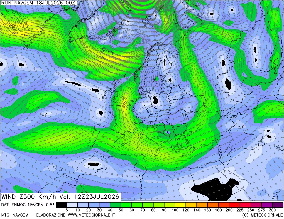 mappa Direzione e forza del vento a 500hPa