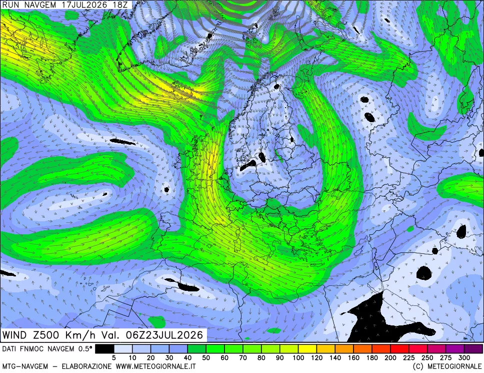 mappa Direzione e forza del vento a 500hPa