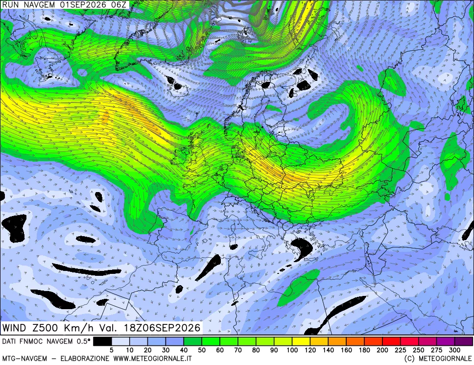 mappa Direzione e forza del vento a 500hPa