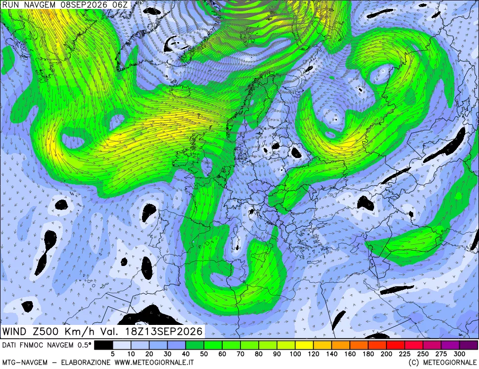 mappa Direzione e forza del vento a 500hPa