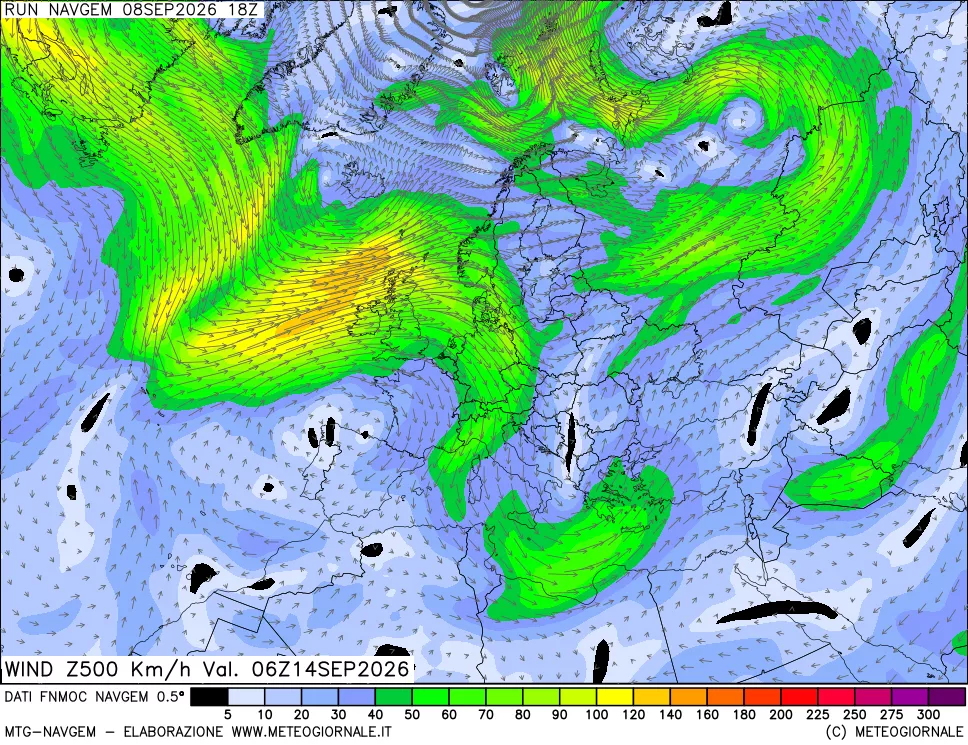 mappa Direzione e forza del vento a 500hPa