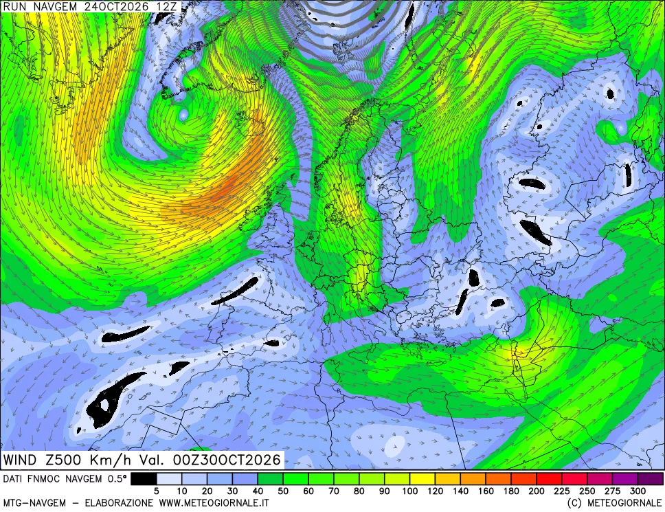 mappa Direzione e forza del vento a 500hPa