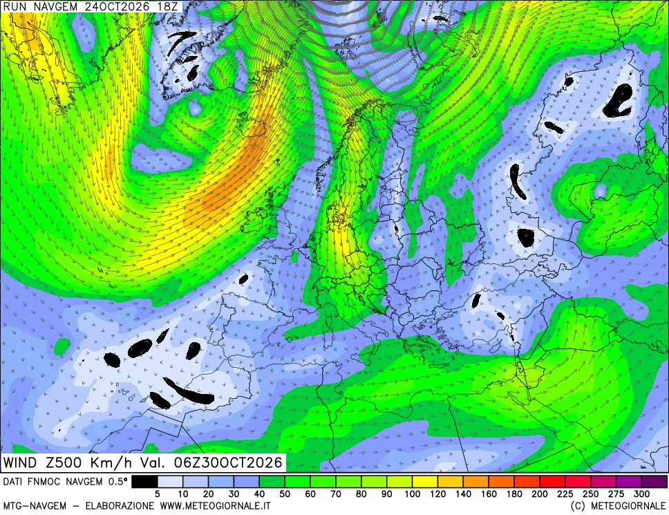 mappa Direzione e forza del vento a 500hPa