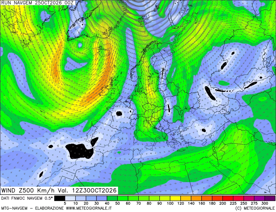 mappa Direzione e forza del vento a 500hPa