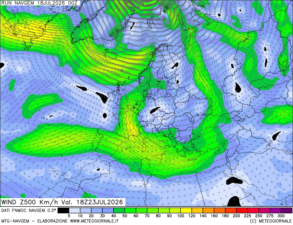 mappa Direzione e forza del vento a 500hPa
