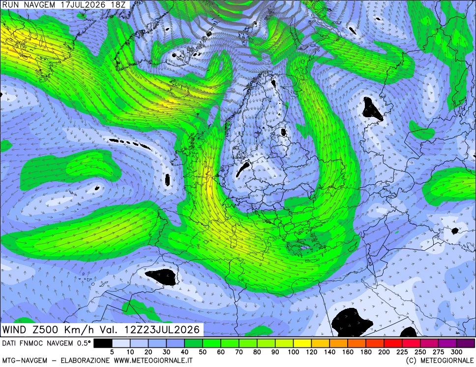 mappa Direzione e forza del vento a 500hPa