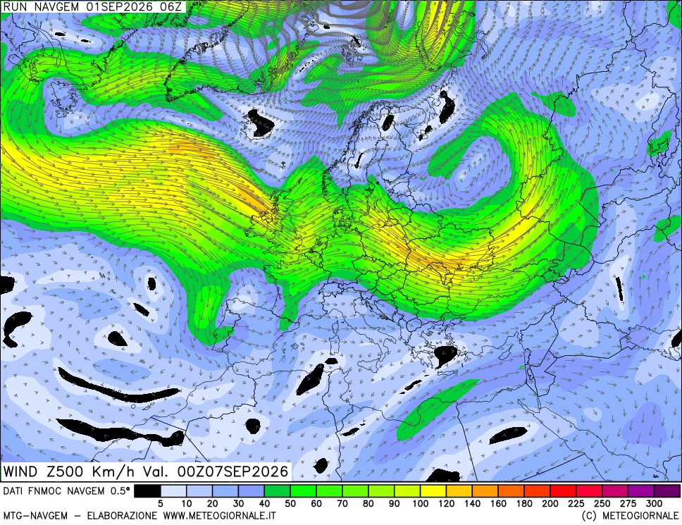 mappa Direzione e forza del vento a 500hPa
