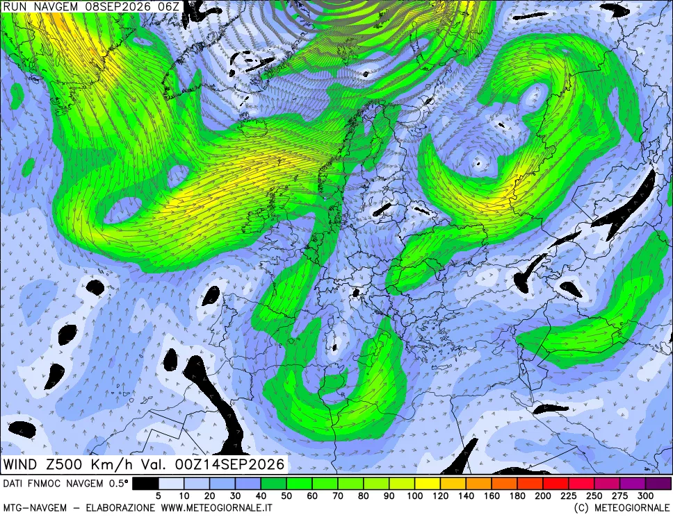 mappa Direzione e forza del vento a 500hPa