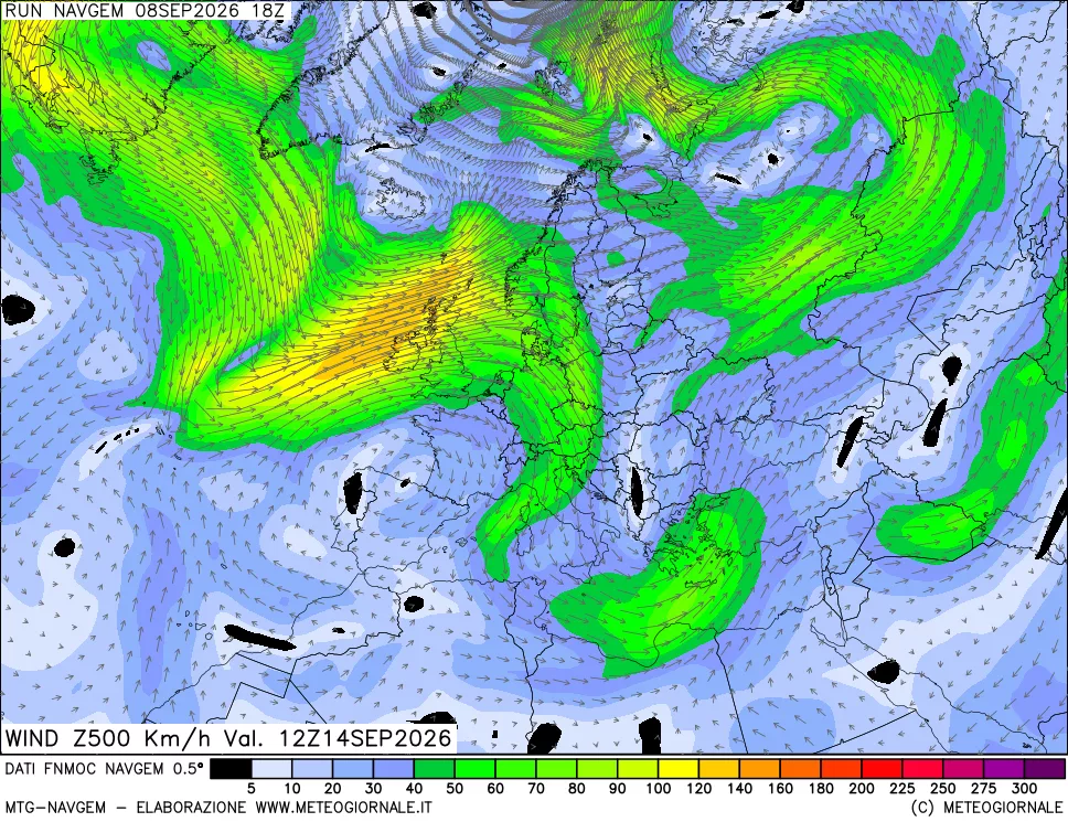 mappa Direzione e forza del vento a 500hPa