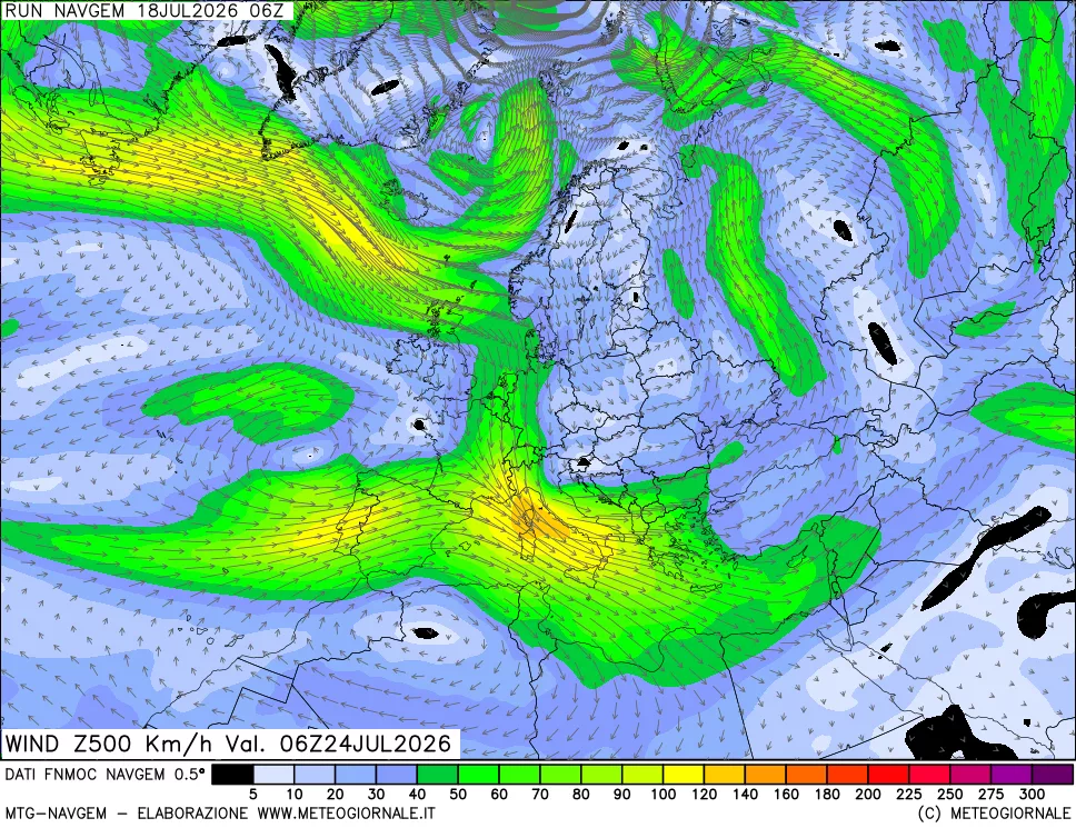 mappa Direzione e forza del vento a 500hPa