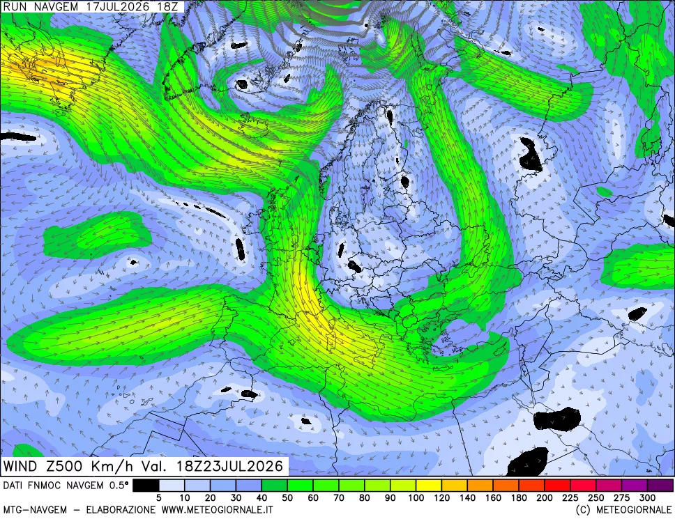 mappa Direzione e forza del vento a 500hPa