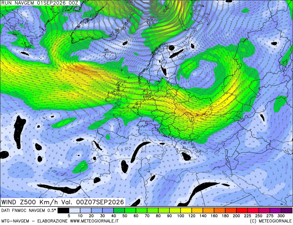mappa Direzione e forza del vento a 500hPa