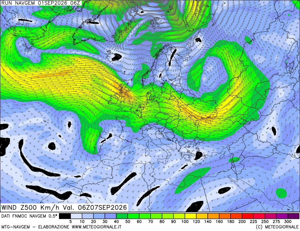 mappa Direzione e forza del vento a 500hPa