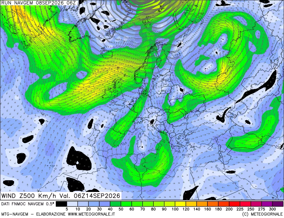mappa Direzione e forza del vento a 500hPa