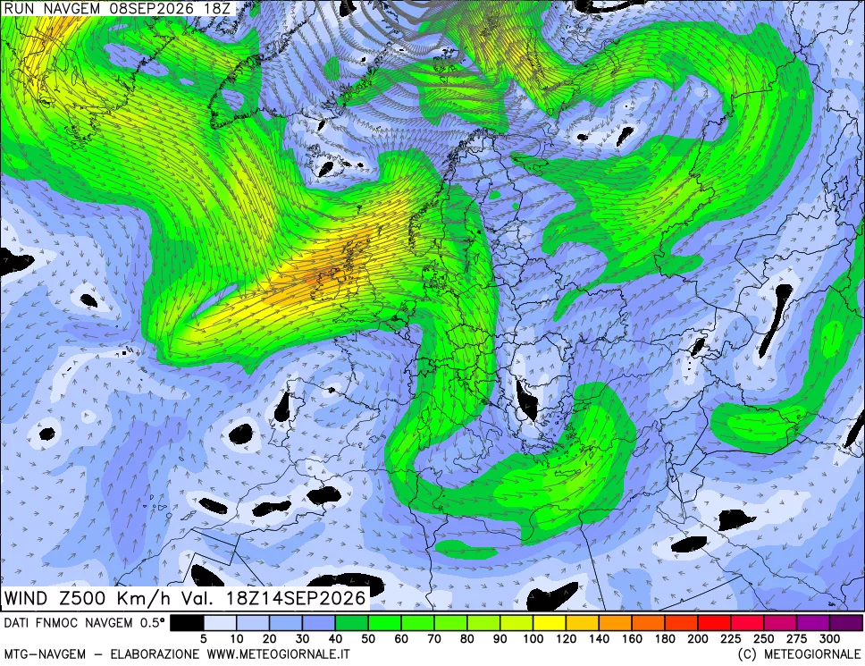 mappa Direzione e forza del vento a 500hPa
