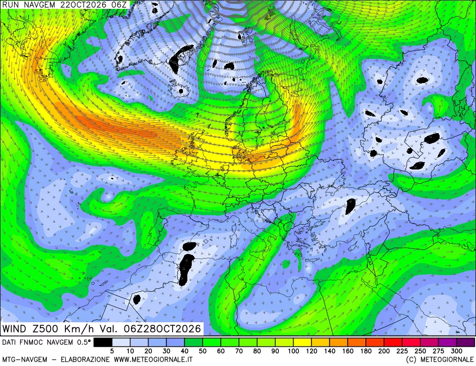 mappa Direzione e forza del vento a 500hPa