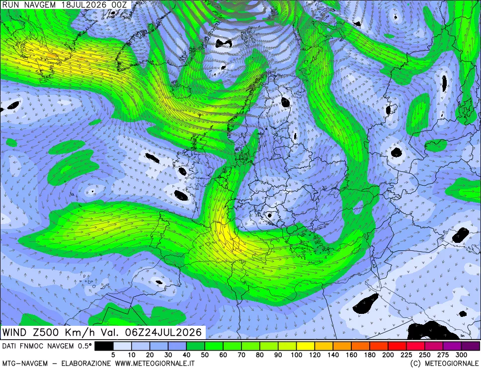 mappa Direzione e forza del vento a 500hPa