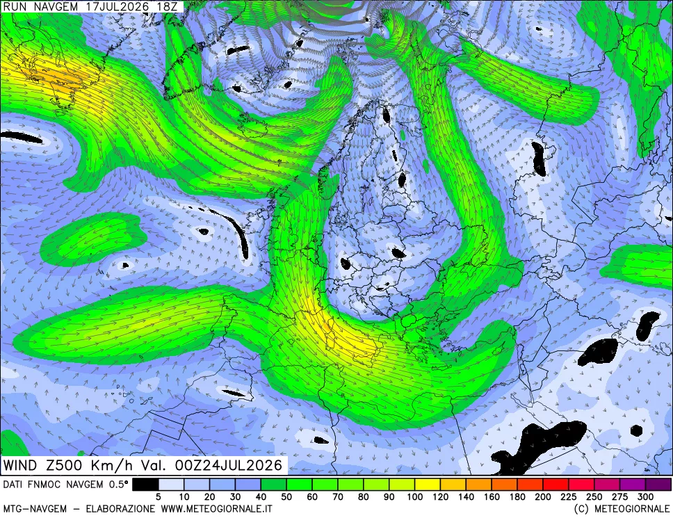 mappa Direzione e forza del vento a 500hPa