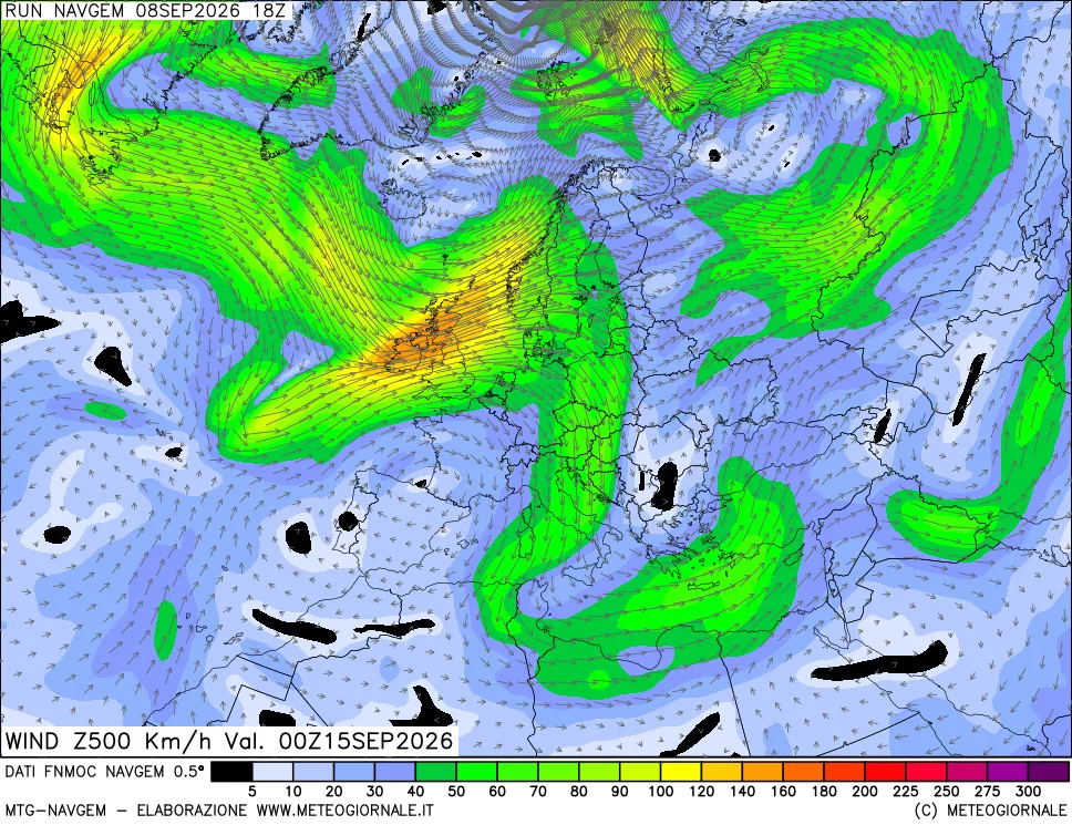 mappa Direzione e forza del vento a 500hPa