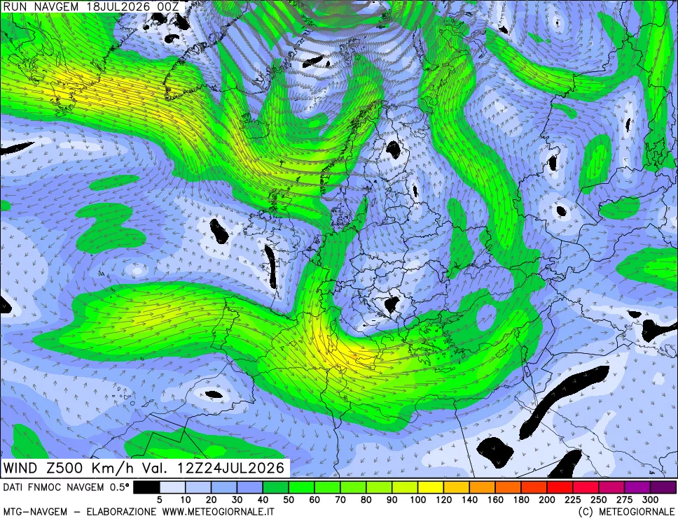 mappa Direzione e forza del vento a 500hPa