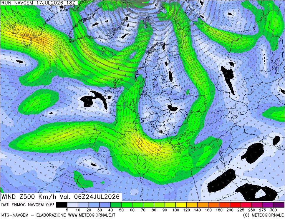 mappa Direzione e forza del vento a 500hPa