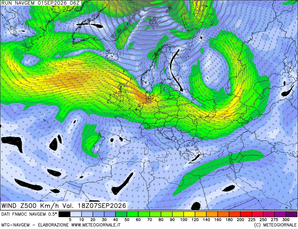 mappa Direzione e forza del vento a 500hPa