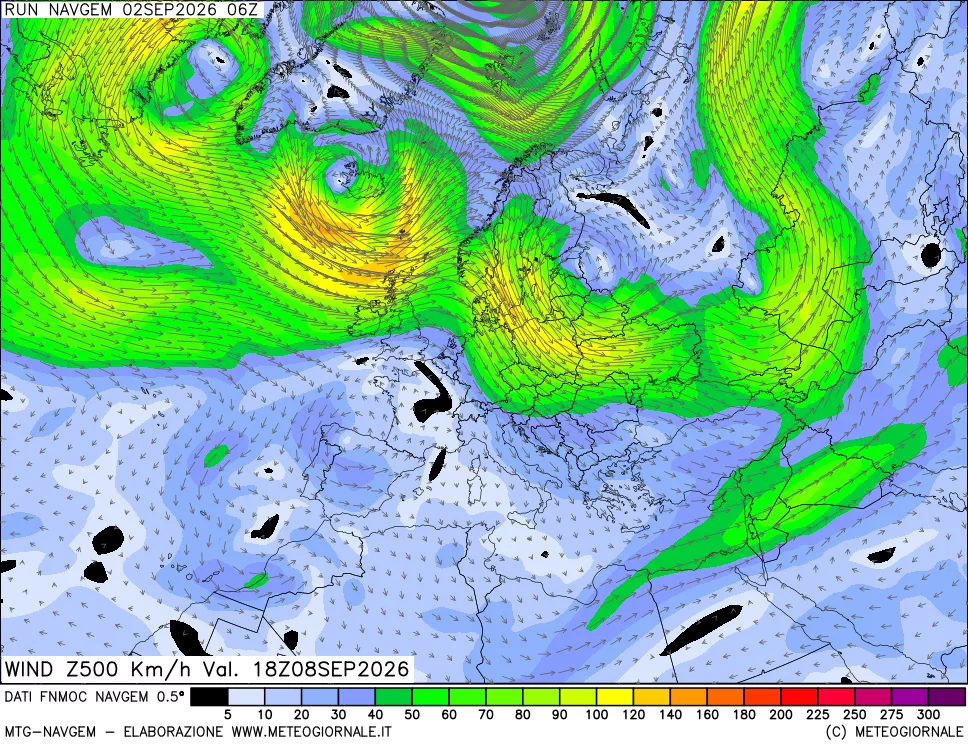 mappa Direzione e forza del vento a 500hPa